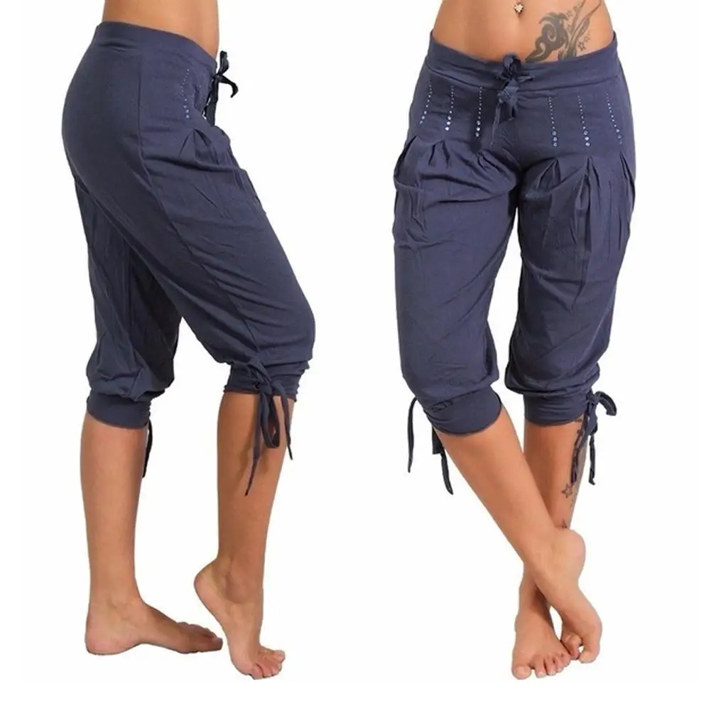 Women Casual Low Rise Drawstring Rhinestone Pleated Sports Capri Pants Shorts Women Casual Low Rise Drawstring Rhinestone Pleated Sports Capri Pants Shorts
