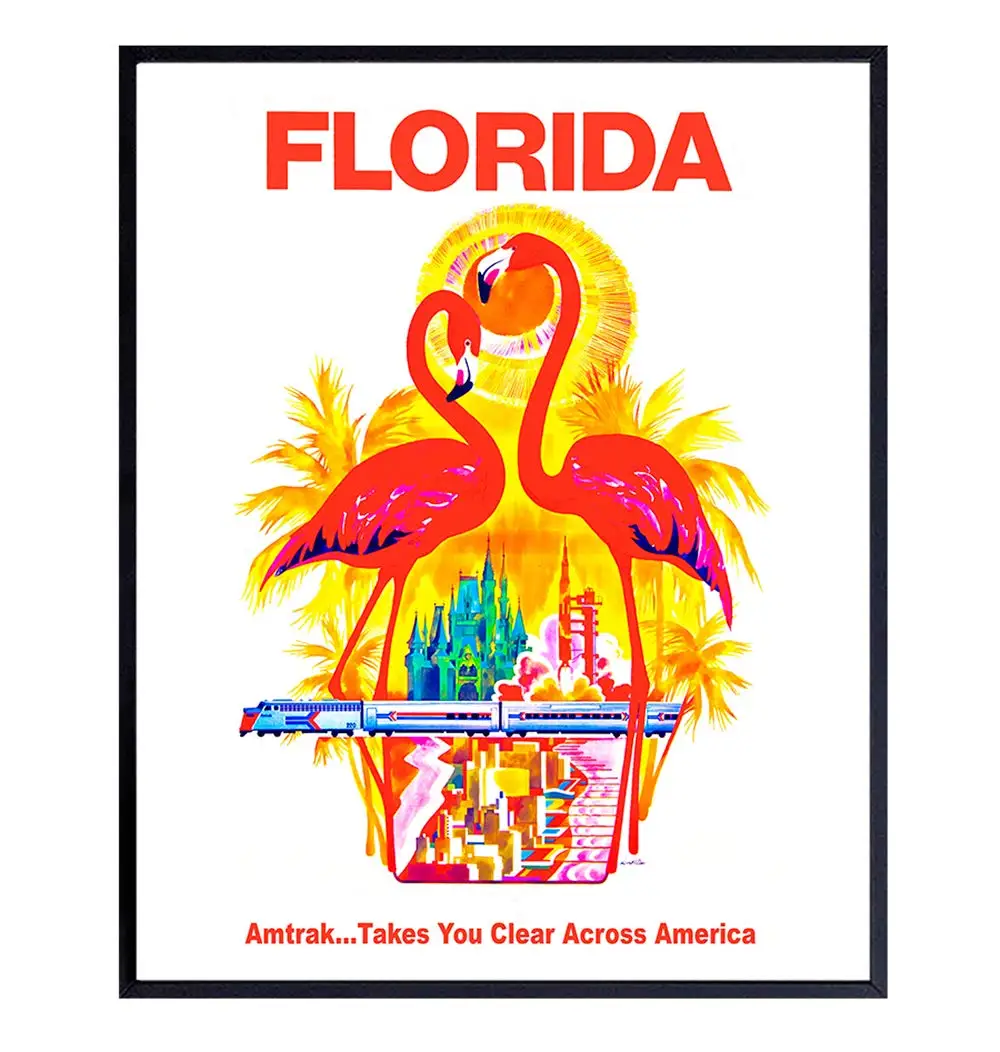 

Florida Vintage Travel Poster Art Print, Wall Art Poster Unique Home Decor Great Tropical Gift for Flamingo Lovers