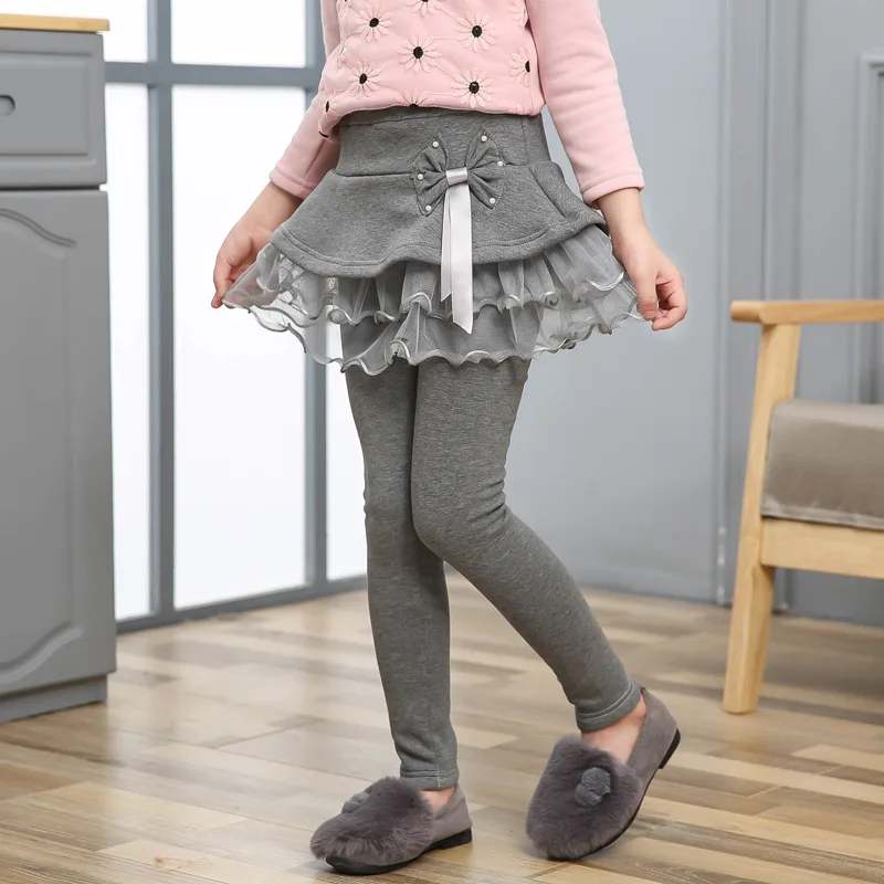 Леггинсы с юбкой для девочек зимние теплые детские хлопковые штаны плотные брюки с галстуком Одежда для девочек эластичные леггинсы с цветочным узором для детей от 3 до 14 лет - Цвет: Серый
