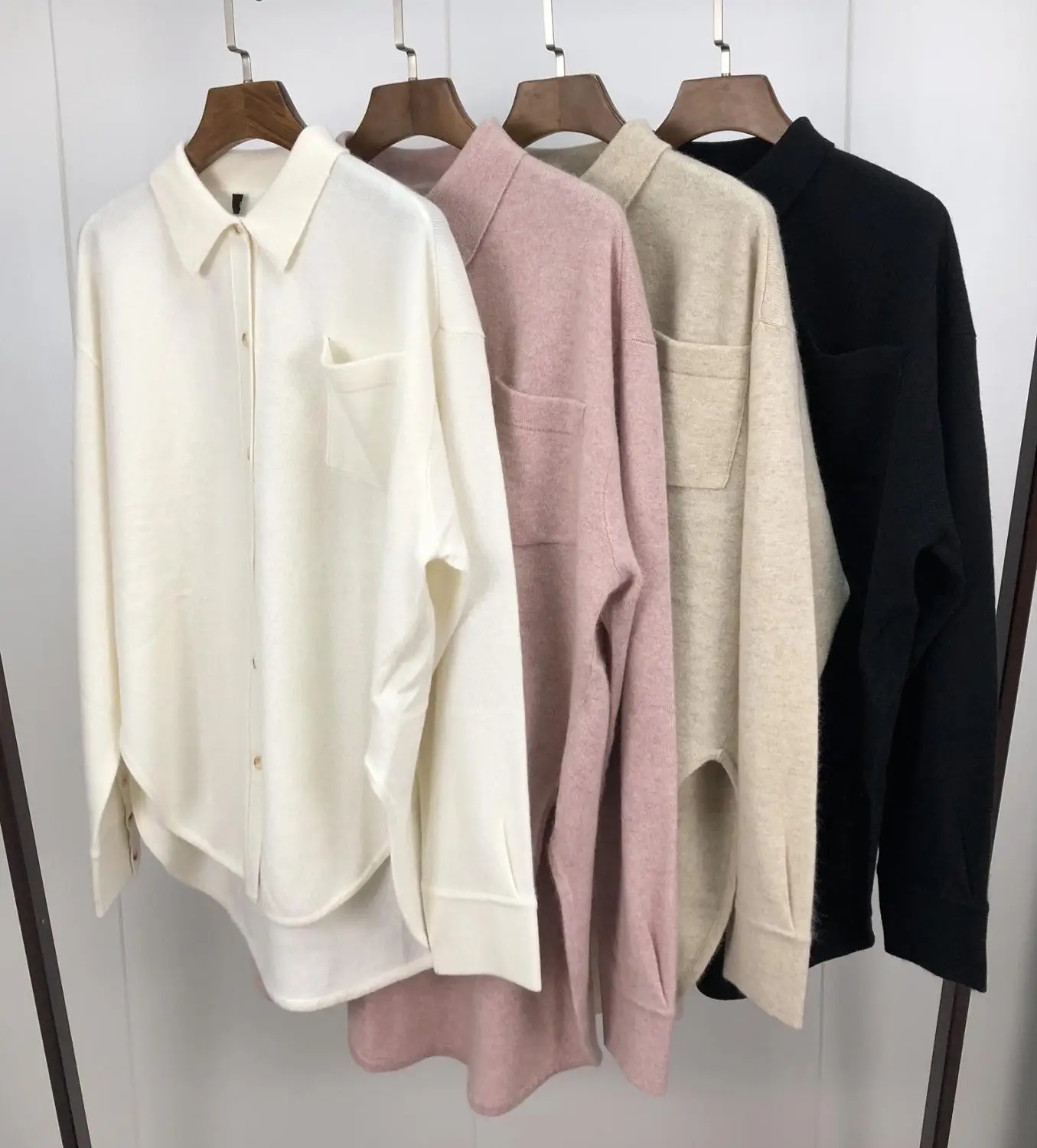 

100% Cashmere Knitted Women's Blouse Autumn Winter Single-breasted Ladies Turn Down Top With Pocket Sweater Asymmetrical Shirt