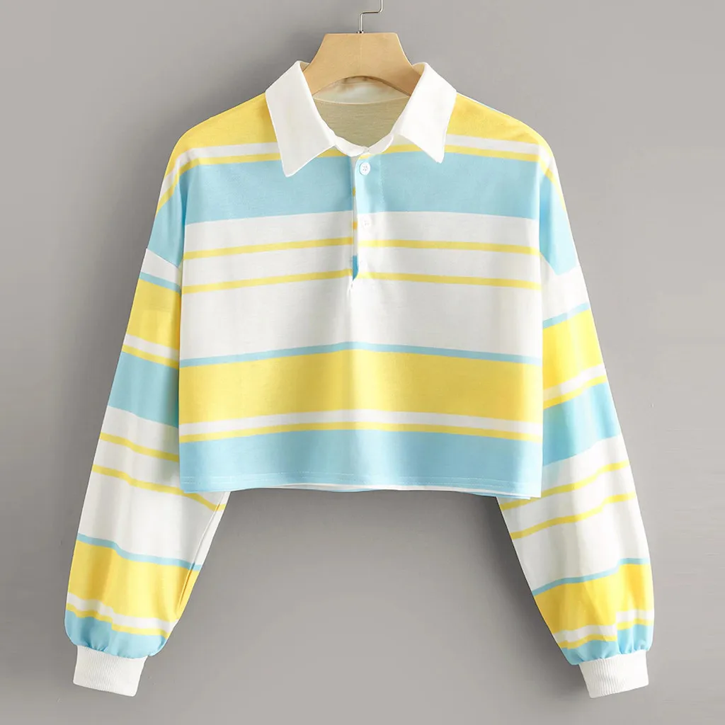 

Contrast Striped Rainbow Women Sweatshirt Half Button Cropped Short Polo Shirt Long Sleeve Autumn Pullovers Tops Female Sudadera