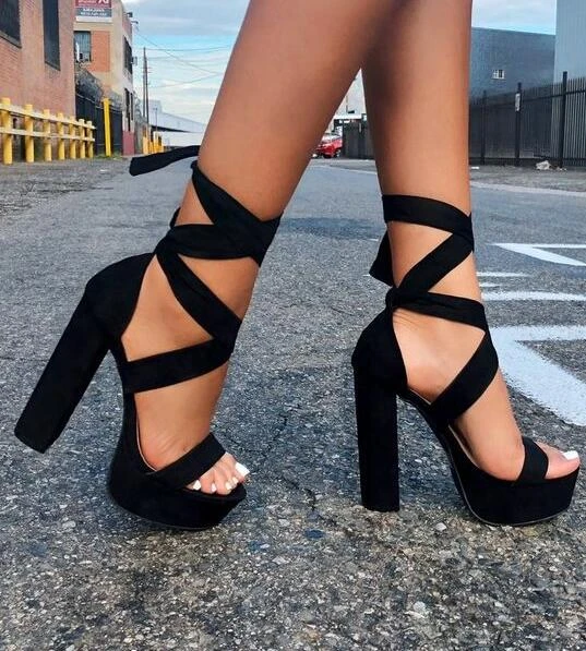 Moraima Snc Black Suede High Heel Sandal Summer Open Toe Lace-up Chunk  Heels Woman Shoes Party Dress Heels Red