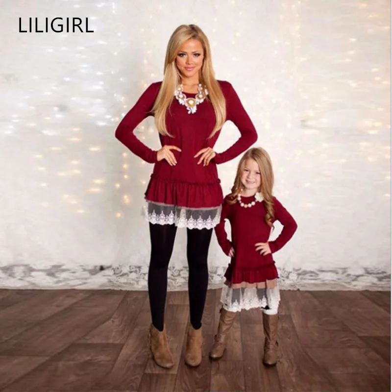 

LILIGIRL Family Matching Clothes Mother and Daughter Dress Mommy and Me Long Sleeve Casual Dresses Autumn for Baby Girl Clothing