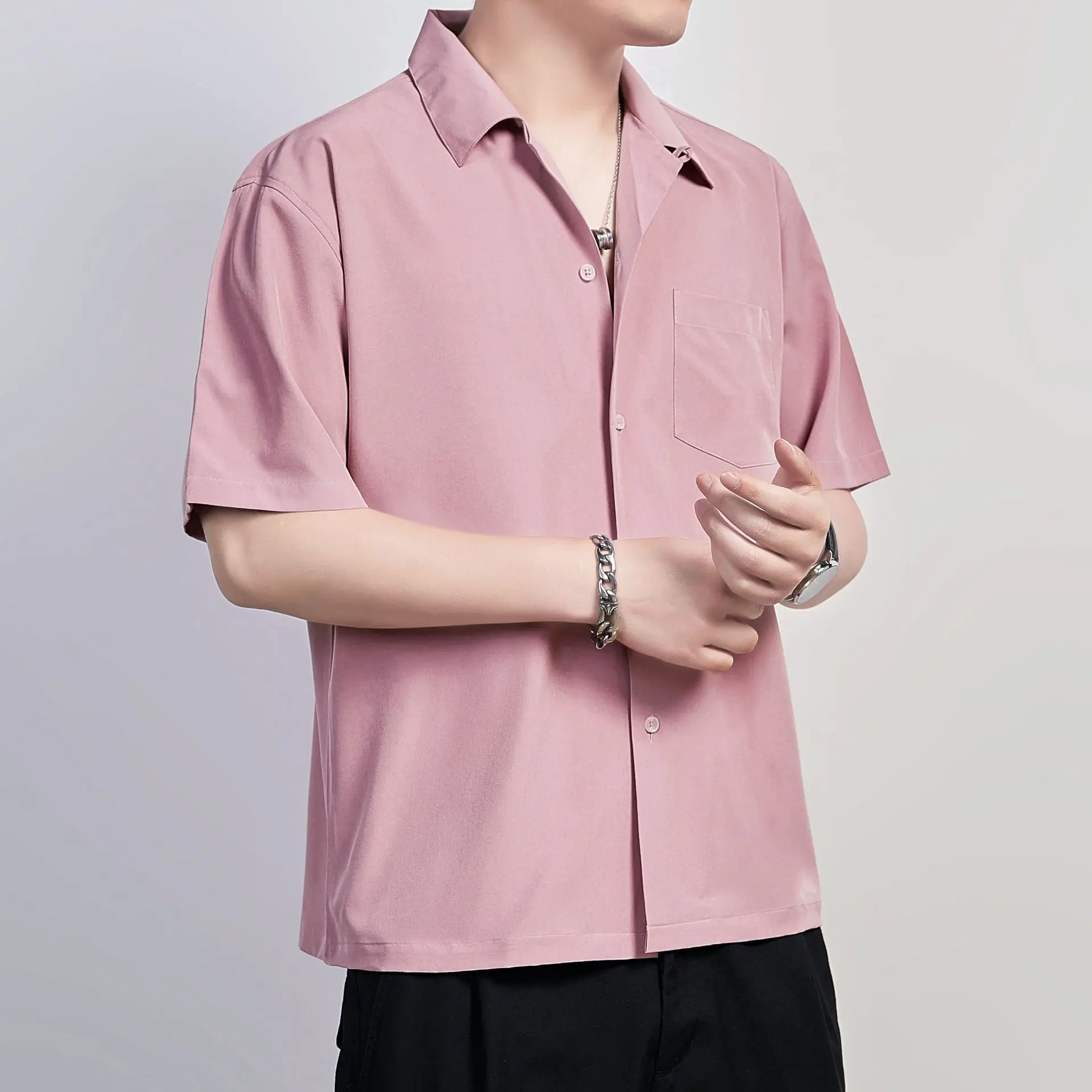 Red Men Shirts Casual Short Sleeve Solid Mens Shirt Work Business Brand