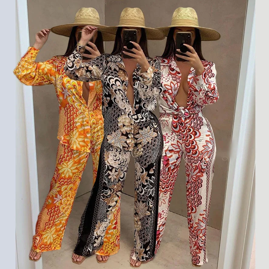 Spring Winter Peacock Women's Set Button Up Blouse Shirt Tops and Pants Elegant Tracksuit Two Piece Set Fitness Outfits