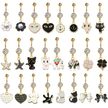 

12pcs/lot Mix Styles Heart Shaped Belly Ring White Black Styles Navel Button Ring Crystal Navel Bars Body Piercing Jewelry