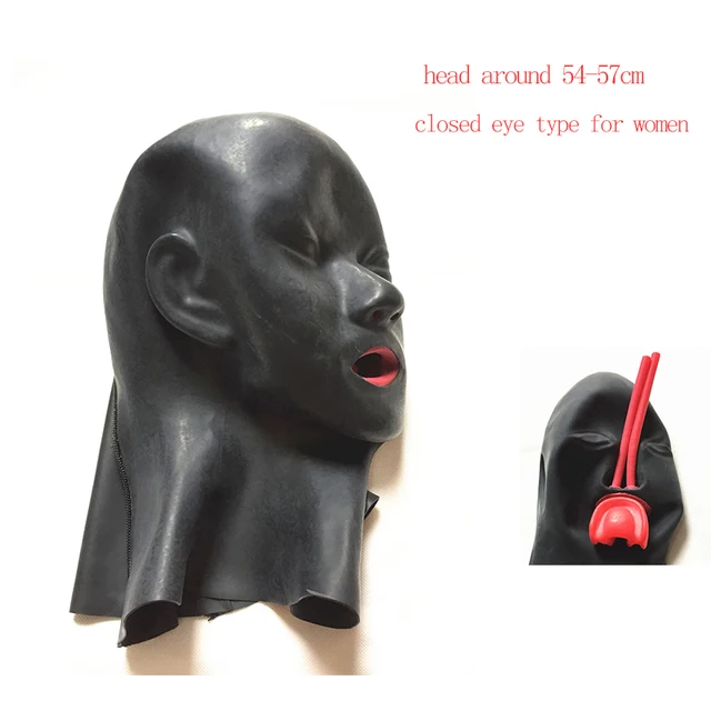 0.6mm Mould Full Head Latex Mask Fetish Open Closed Eye Rubber Hood with Red Mouth Teeth Lip Sheath Tongue Nose Tube 54-57cm close eye long tube