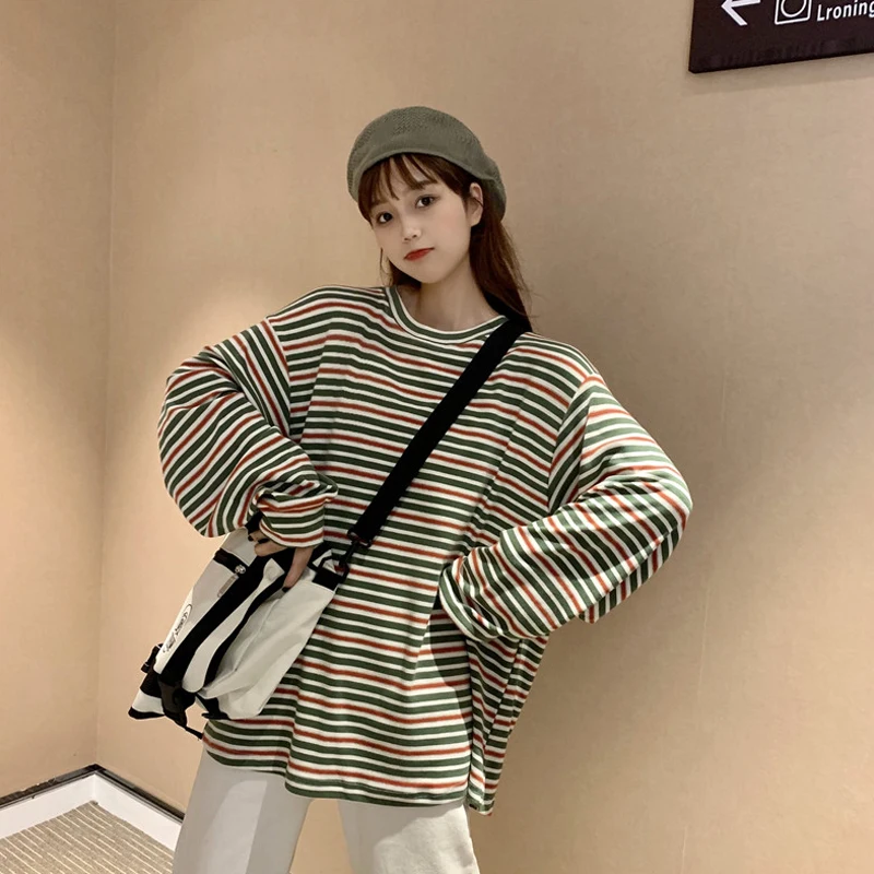 Женская футболка в Корейском стиле Ulzzang Harajuku Повседневная полоску с длинными
