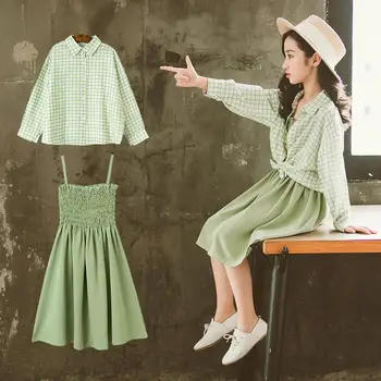 

INS girls Two-piece set 5-13 years old Checkered shirt + suspender dress Chiffon fabric sun protection clothing girls clothes