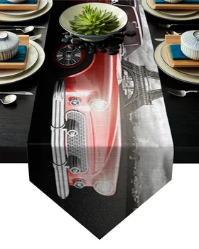 

Paris Car Overcast Red Art Table Runner Table Flag Home Party Decorative Tablecloth Table Runners for Wedding