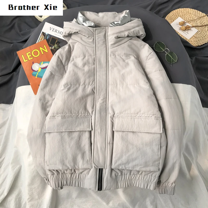

Winter Padded Jacket Men's Warm Fashion Parka Men Solid Color Casual Hooded Coat Sman Loose Cotton Large Pocket Tooling Jacket