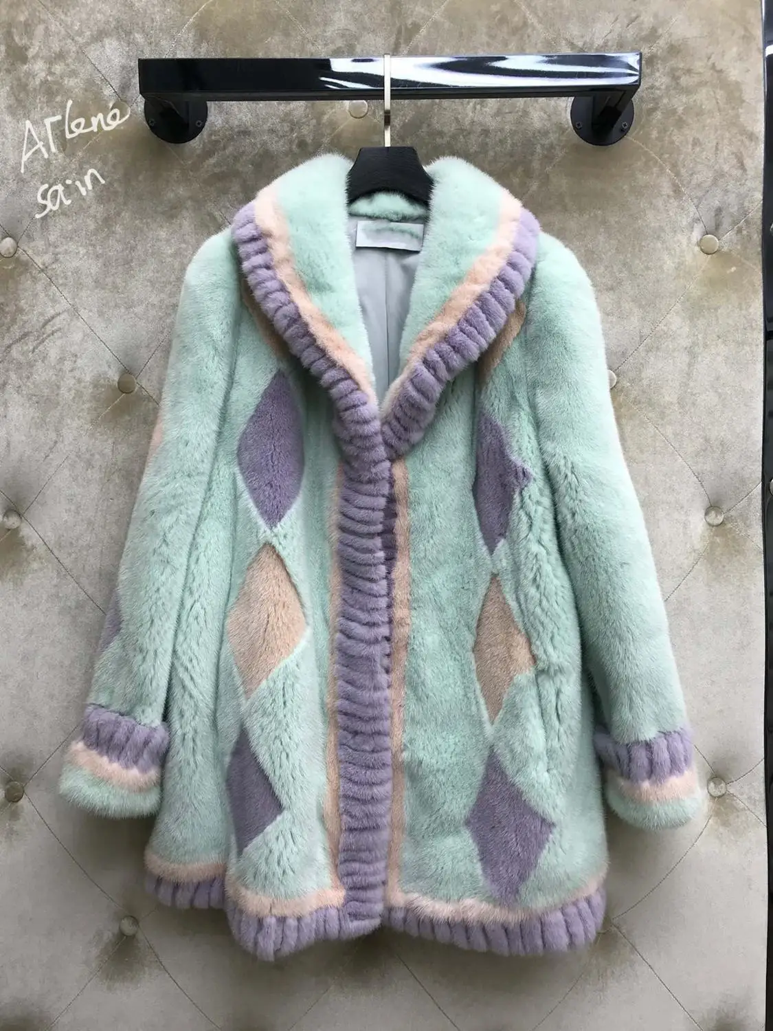 Arlene sain 2019 осенняя и зимняя женская новая стильная элегантная красивая Трехцветная бархатная норковая куртка с мозаичным алмазным узором