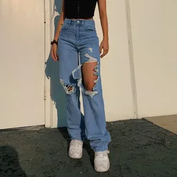 Novo azul rasgado jeans para as mulheres 2021 estilo rua sexy mid rise angustiado calças estiramento buraco magro denim lápis calças