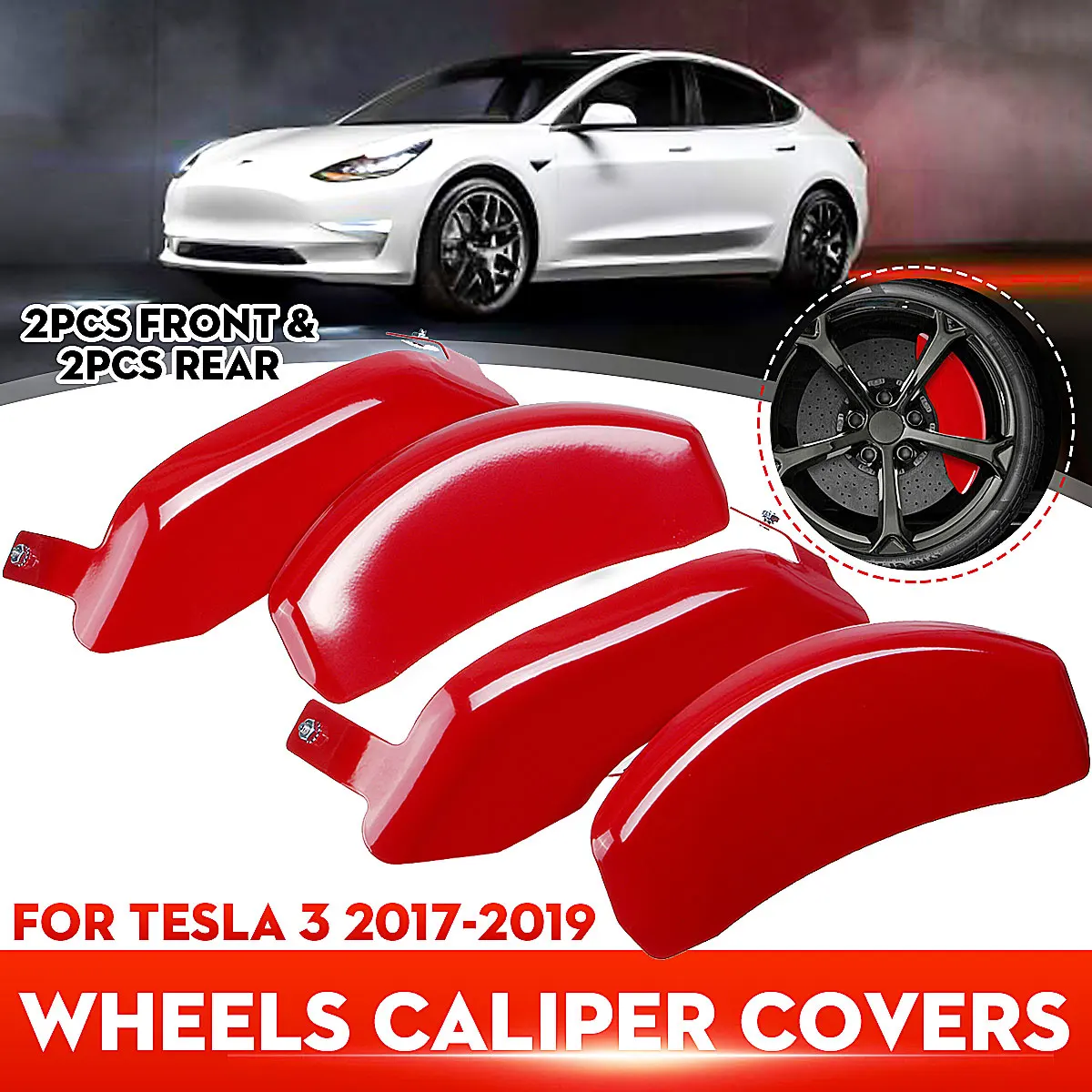 

4pcs Car Wheel Disc Brake Caliper Cover Red Front Rear Brake Cover Aluminum For Tesla Model 3 2017 2018 2019 Base Long Range
