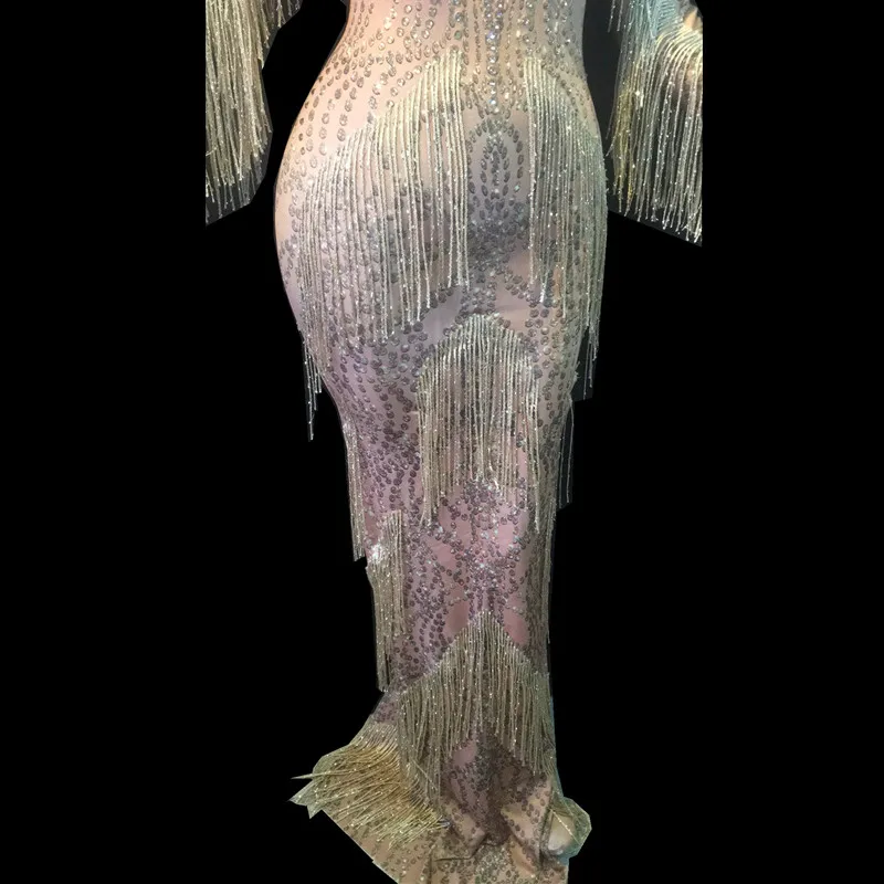 Новое платье для ночного клуба спандекс Золотой сценический наряд платье с бахромой вечернее платье для выступления костюм женское платье со стразами BL2127