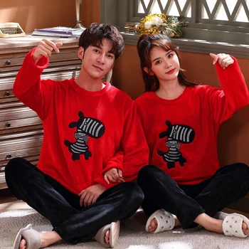 

XIZOU 2020 Winter pyjama couple Sleepwear Men Women Flannel Bathrobe Coral Fleece Pajamas hombre Night Pijama sets