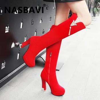 

NASBAVI new Large Size 34-43 Knee-High Boots Women Shoes Woman Fashion Metal Rhinestone chain High Heels Winter Boots