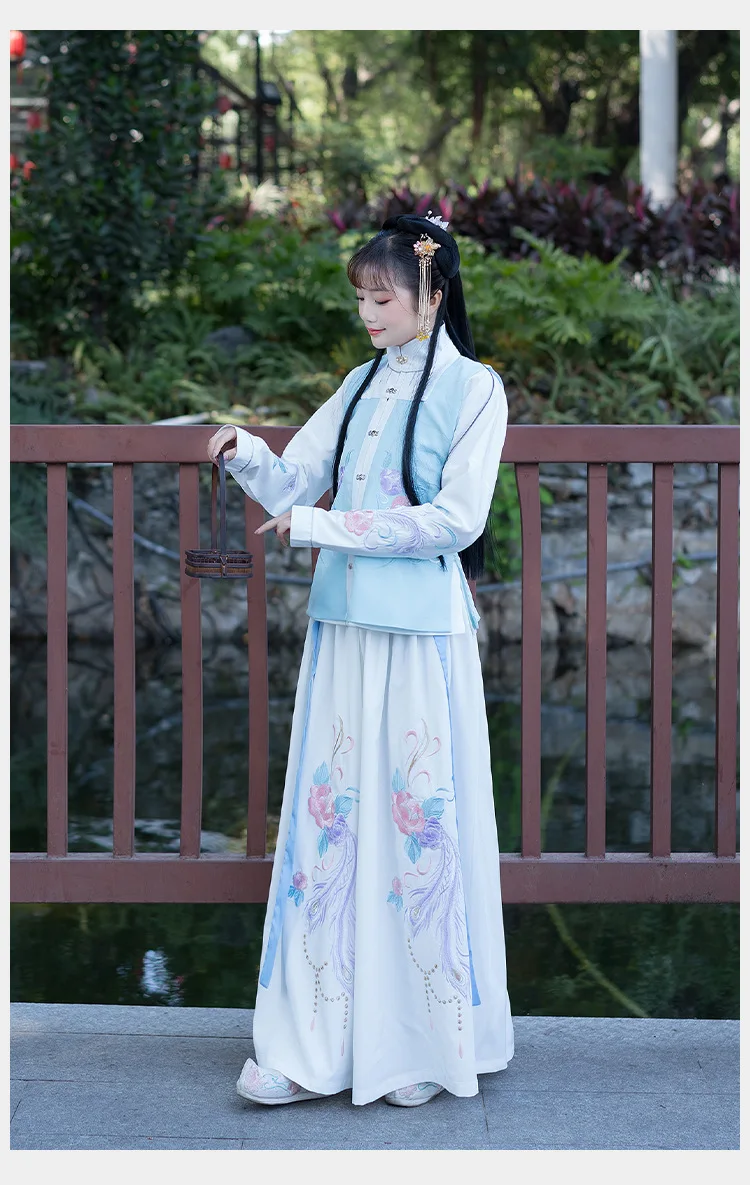 Hanfu/оригинальная Стильная верхняя одежда с воротником-стойкой и цветком из 3 предметов+ юбка+ жилет, винтажная Классическая Ручная пошив, высокое качество