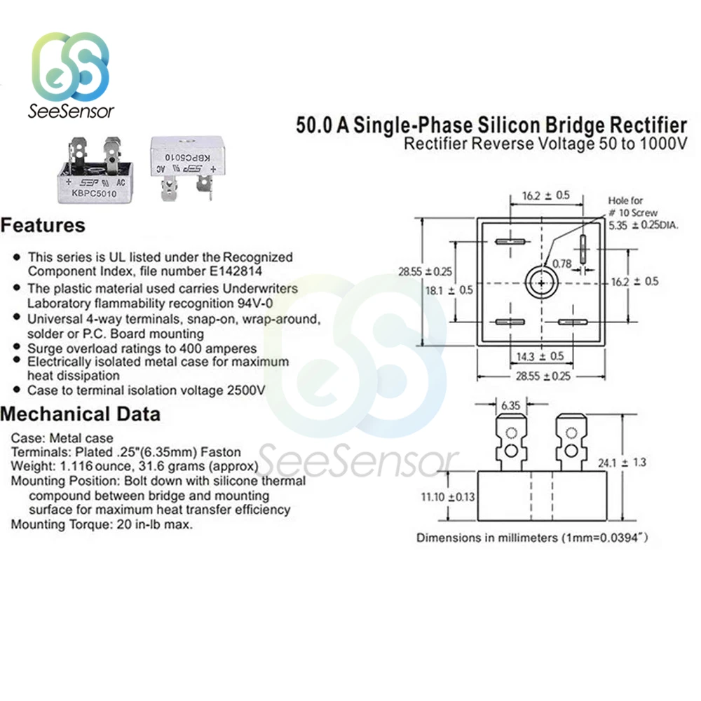 KBPC5010 Single-phases Diode Bridge Rectifier 50A 1000V KBPC 5010 Power Rectifier Diode Electronic Components