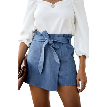 

Women Summer Shorts Skirts High Waist A-Line Skirt Female Fashion Irregular Straight Leg Culottes Ruffles Pocket Denim Shorts
