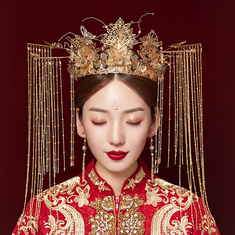 HIMSTORY китайские свадебные тиары королева Феникс диадема Длинные кисточкой короны ювелирные изделия для волос серьги набор волос аксессуар для головы