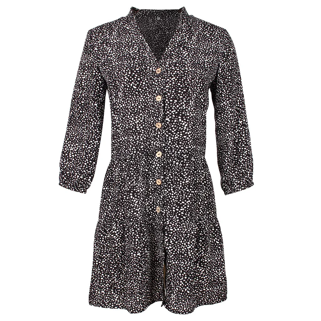 Feitong/женское платье, Vestidos, модное, Bohe, в горошек, с рукавом 3/4, v-образный вырез, на пуговицах, свободное, мини, женское платье, ropa mujer