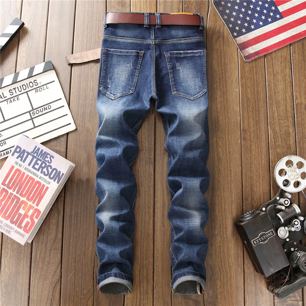 

New Style Elasticity Jeans Men with Holes budding ku Men's Retro Badge Trousers Embroidered Casual Jeans
