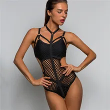 Women Black Sheer Knit Net Mesh Sexy Women Swimwear One Piece Swimsuit Female Bather Bathing Suit Swim Halter