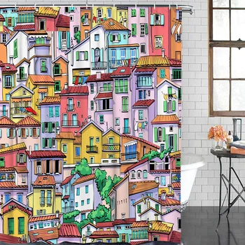 

Bathroom Curtain Building Cartoon House Waterproof Fabric Shower Curtain Home Decoration Shower Curtains