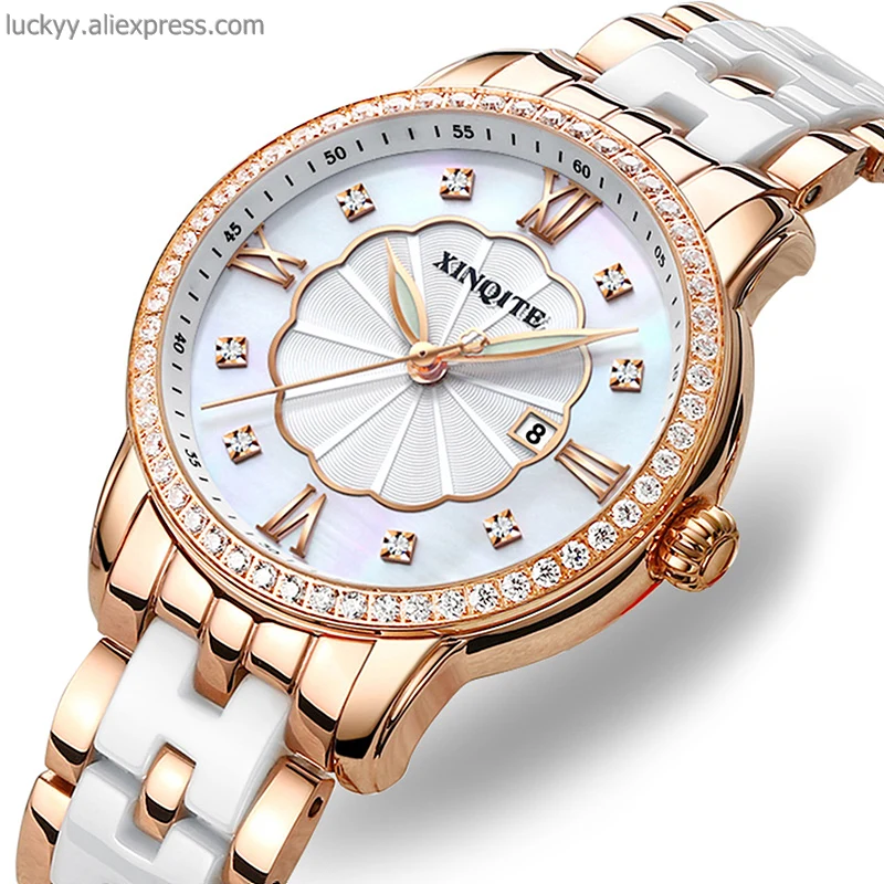 High quality quartz women watch stainless steel rose gold case with diamond girls watch ceramica bracelet dress ladies clockA234