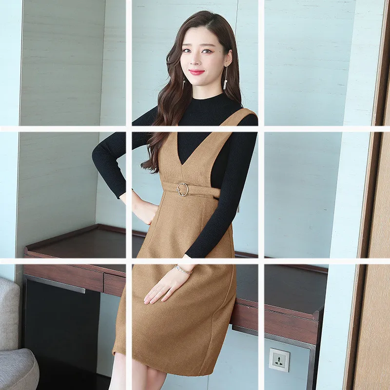 

Strap Dress Women's 2019 Autumn And Winter New Style Base Mock Two-Piece Dress Elegant Slim Fit Slimming Medium-length Dress Wom