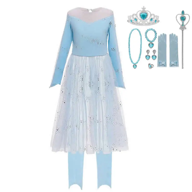 Elsa Dress C Set 1 Голубое платье Эльзы для девочек; комплект из 2 предметов; кружевное платье принцессы для костюмированной вечеринки с длинными рукавами, блестками и принтом снежинки; градиентные костюмы; платья средней длины - Цвет: Elsa Dress C Set 1