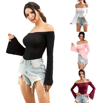 

Slim Solid Color Trumpet Sleeves Bottoming Sweater Sexy Slash Neck Knit Tops For Women