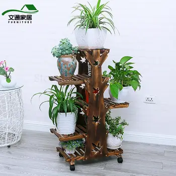 

Flower Stand Solid Wood Combination Living Room Balcony Fleshy Multi-layer European Pastoral Mobile Floor Simple Modern Pot Rack