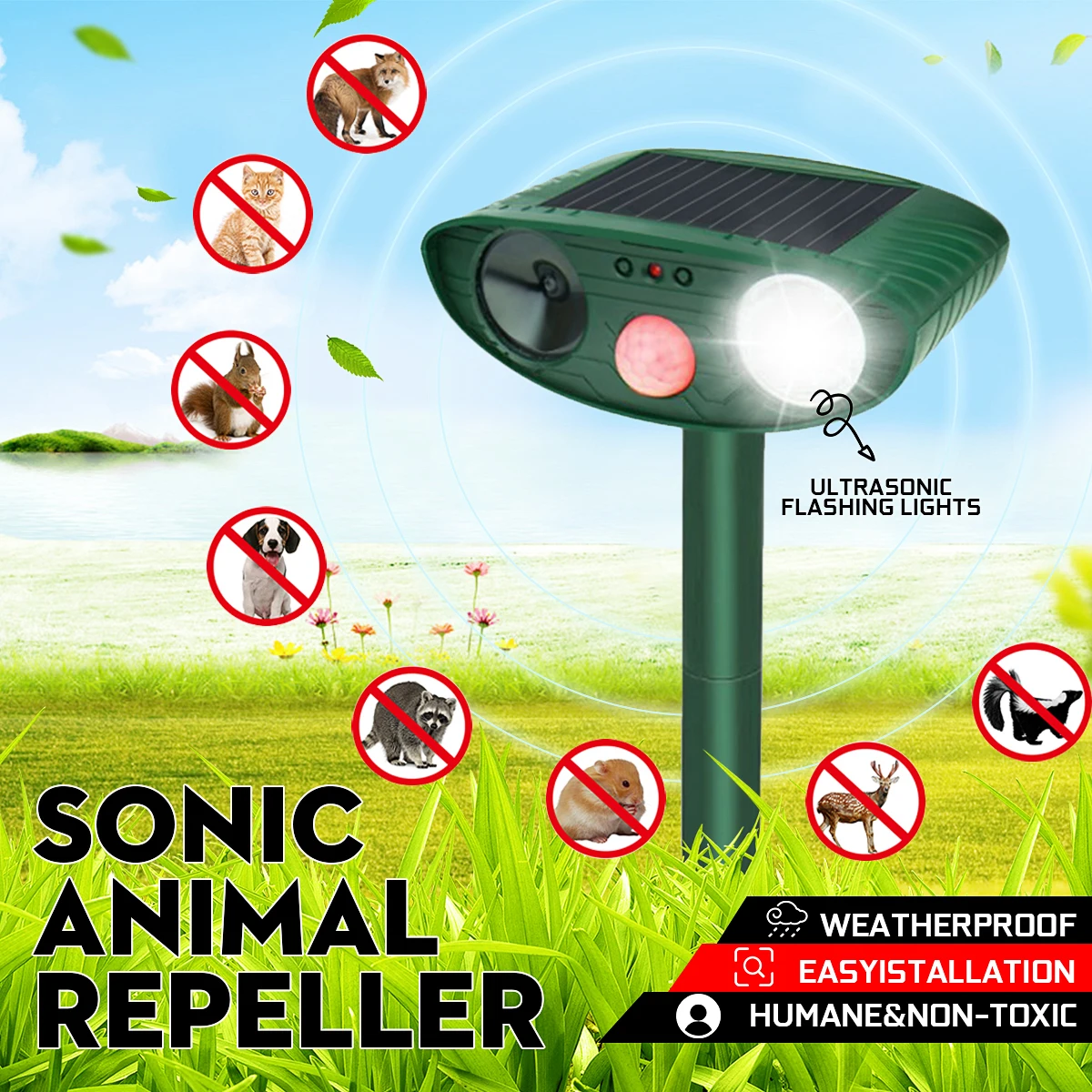 

Solar Animal Driver Outdoor Waterproof dog cat Skunk Rodent Driver Garden Orchard Bird PIR Motion Sensor Ultrasonic Drive Device