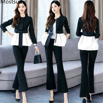 

Office Elegant 2 Piece Pants Sets Suits Women Plus Size Color-blocked Bow Tops And Flare Pants Suits Korean Ladies Fashion Sets