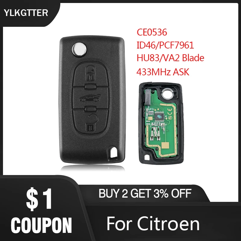 

YLKGTTER 433MHz Remote Key Suit for Citroen C2 C3 C4 C5 Berlingo Picasso 3 Buttons CE0536 ASK Signal HU83/VA2 Blade ID46 Chip