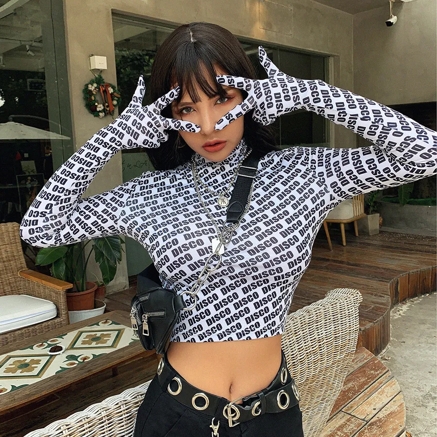 

Letter Print Crop Top Tshirt with Gloves Women Full Sleeve Turtleneck Girl Casual Tops Elastic Basic Highstreet Pullovers Tees M