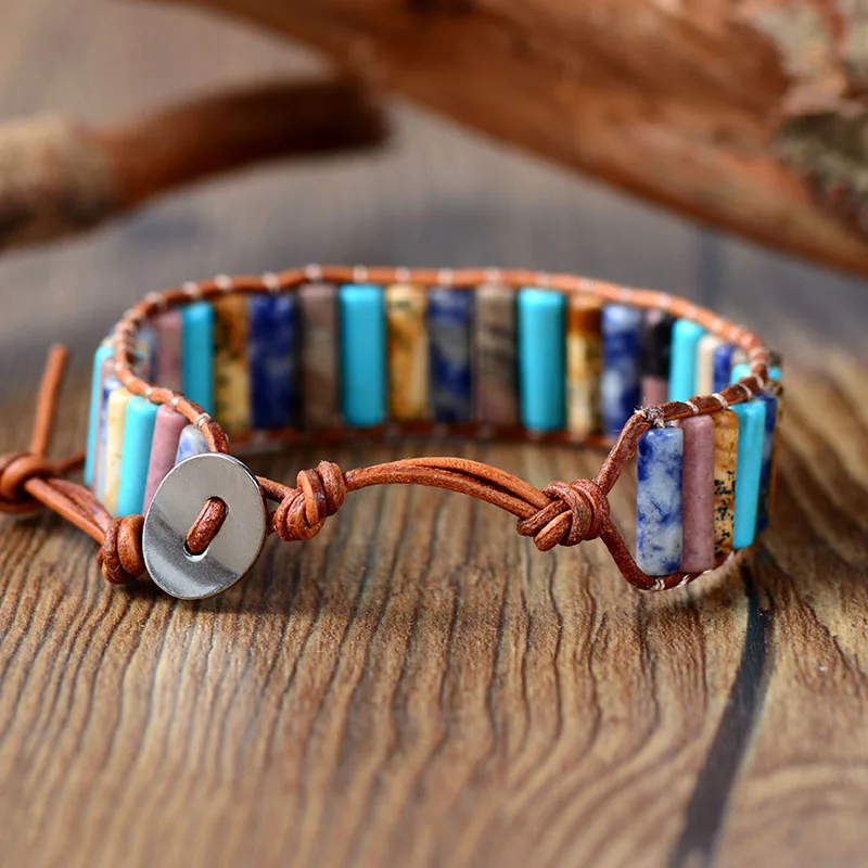Unique Boho Tube Shape Natural Stones Single Leather Wrap Bracelets Handmade Bohemian Weaving Bracelet Leather Jewelry