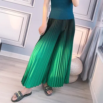 

High Waist Pants Summer Women Large Size 2020 New Elastic Loose Miyake Pleated Fashion Gradient Wide Leg Trousers Full Length