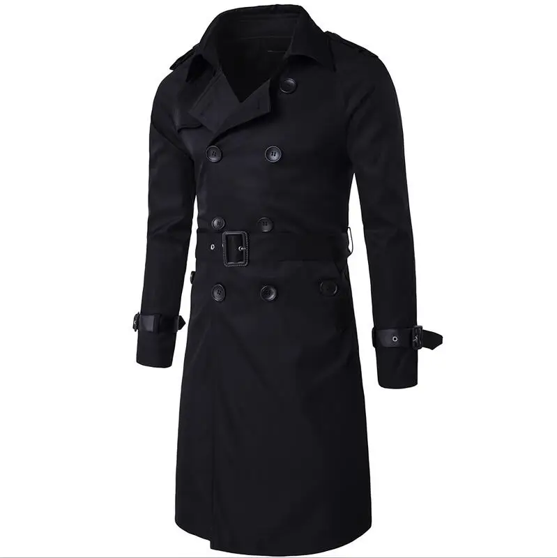 Black New Trench Coat Men Brand Clothing Top Quality Mens Trench Coat New Fashion Designer Men Long Coat Autumn Winter - Color: Black