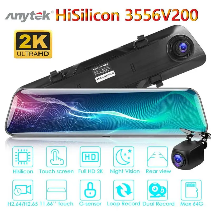 Anytek A9 Ultra HD 2K 2560*1440P Автомобильный видеорегистратор камера поток зеркало заднего вида 11,66 ''ips 1080P привод Видео Авто рекордер Регистратор