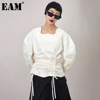 

[EAM] Women [white Irrgular Drawstring Blouse New Square Collar Long Sleeve Loose Fit Shirt Fashion Spring Autumn 2020 1DD0476