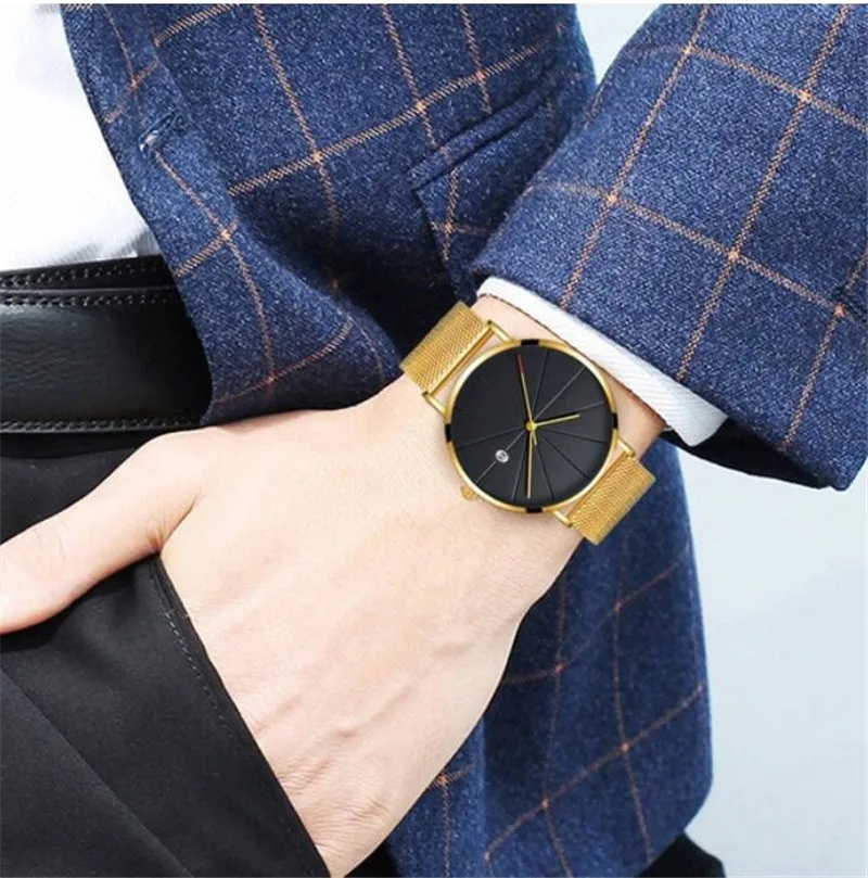 Роскошные модные бизнес часы мужские супер тонкие часы из нержавеющей стали сетчатый ремень кварцевые часы золотые мужские наручные часы подарок