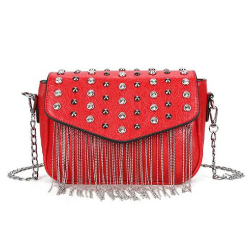 

Fashion Rivet Studded Shoulder Messenger Bag 2019 New Tassel Small Square Bag Handbag