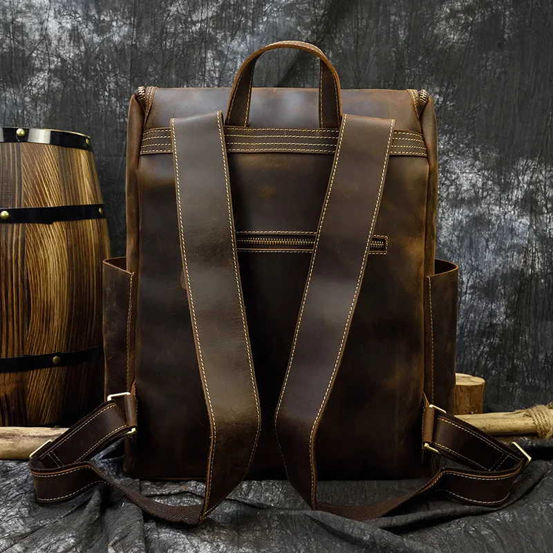 Big Capacity Vintage Leather Backpack Laptop Travel Bagpack Men Male Cowskin Backpack Retro Style Travel Bag Brown 42cm