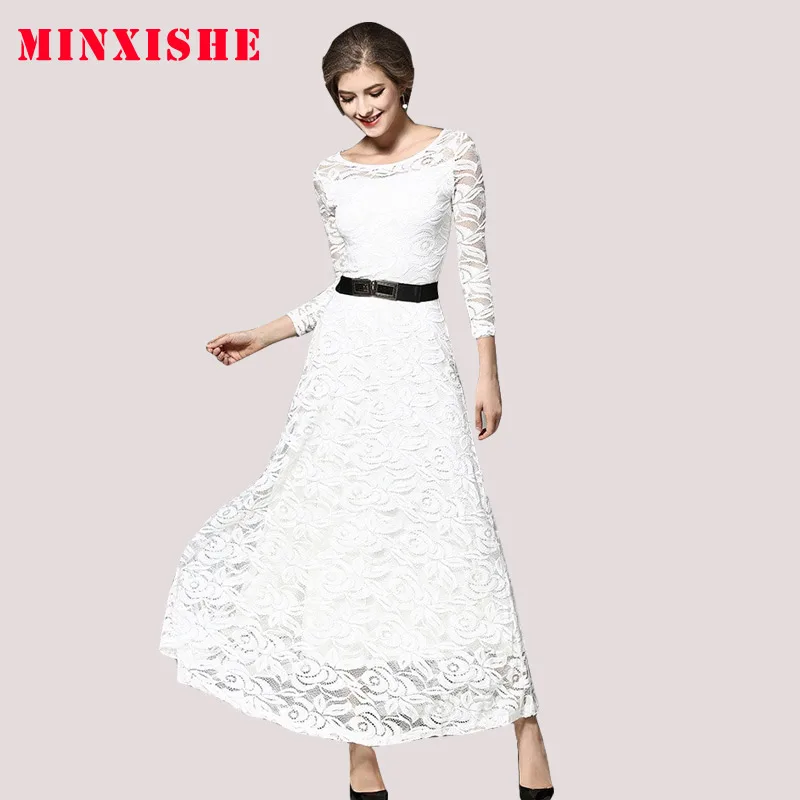 2019 осеннее женское открытое кружевное ТРАПЕЦИЕВИДНОЕ платье с поясом и круглым