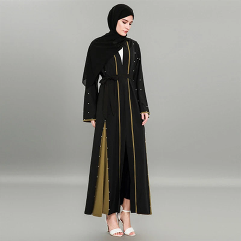 

S-4XL Plus Size Beaded Pearl Abaya For Women Muslim Long Cardigan Dress Front Open Robe Jilbab Maxi Kimono Dubai Women Dress