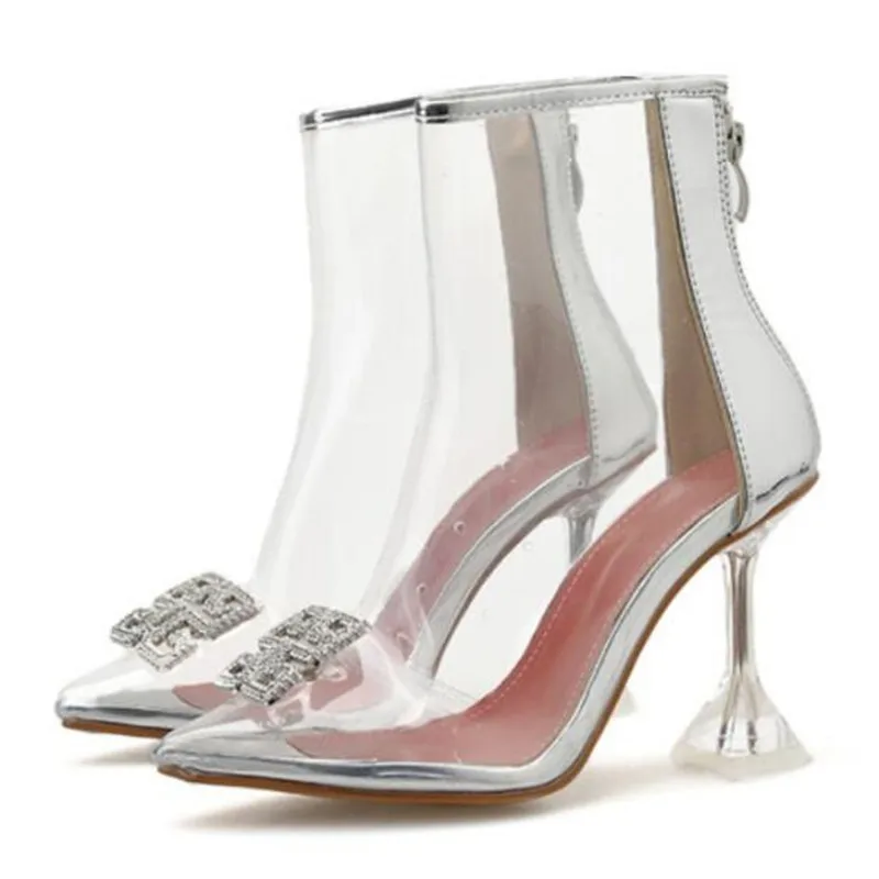 

Sandals Women Mid Heel Summer Ladies Shoes Rhinestones Pointed Toe PVC 9.5CM Strange Style High heels Slip On ZIP women shoes