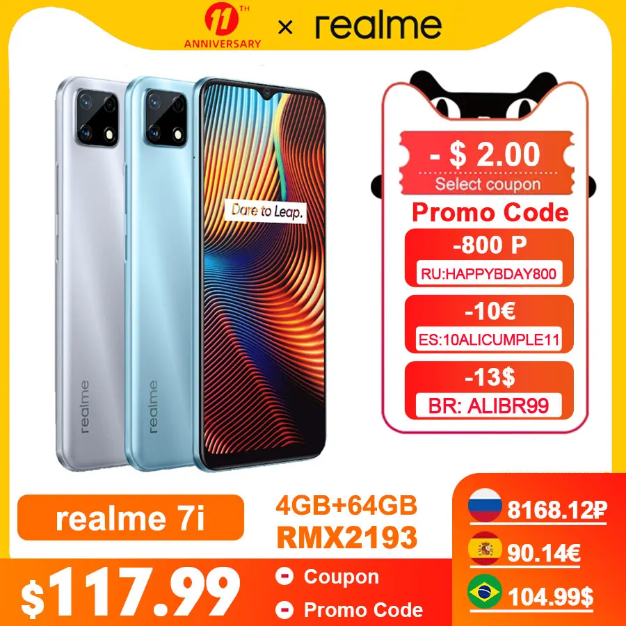  Realme 7i RMX2193 6,5 "" HD + 4GB 64GB 48MP AI тройной камеры смартфон Helio G85 Octa Core 18 Вт Quick Charge 6000 мА/ч, мобильный телефон 
